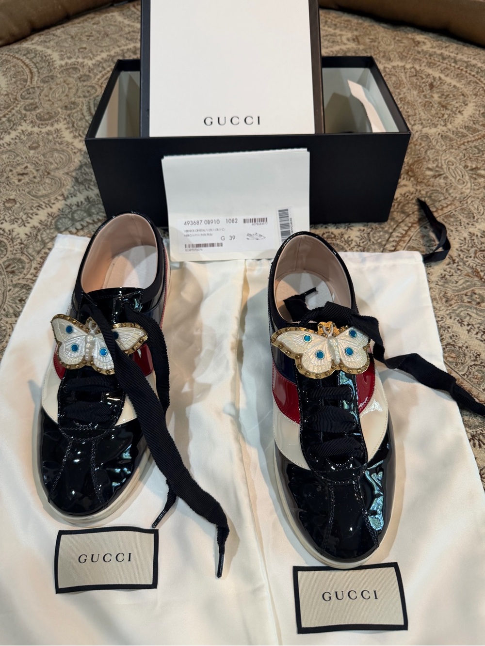 Gucci Patent Leather Bee-Accent Sneakers in Black/White/Red